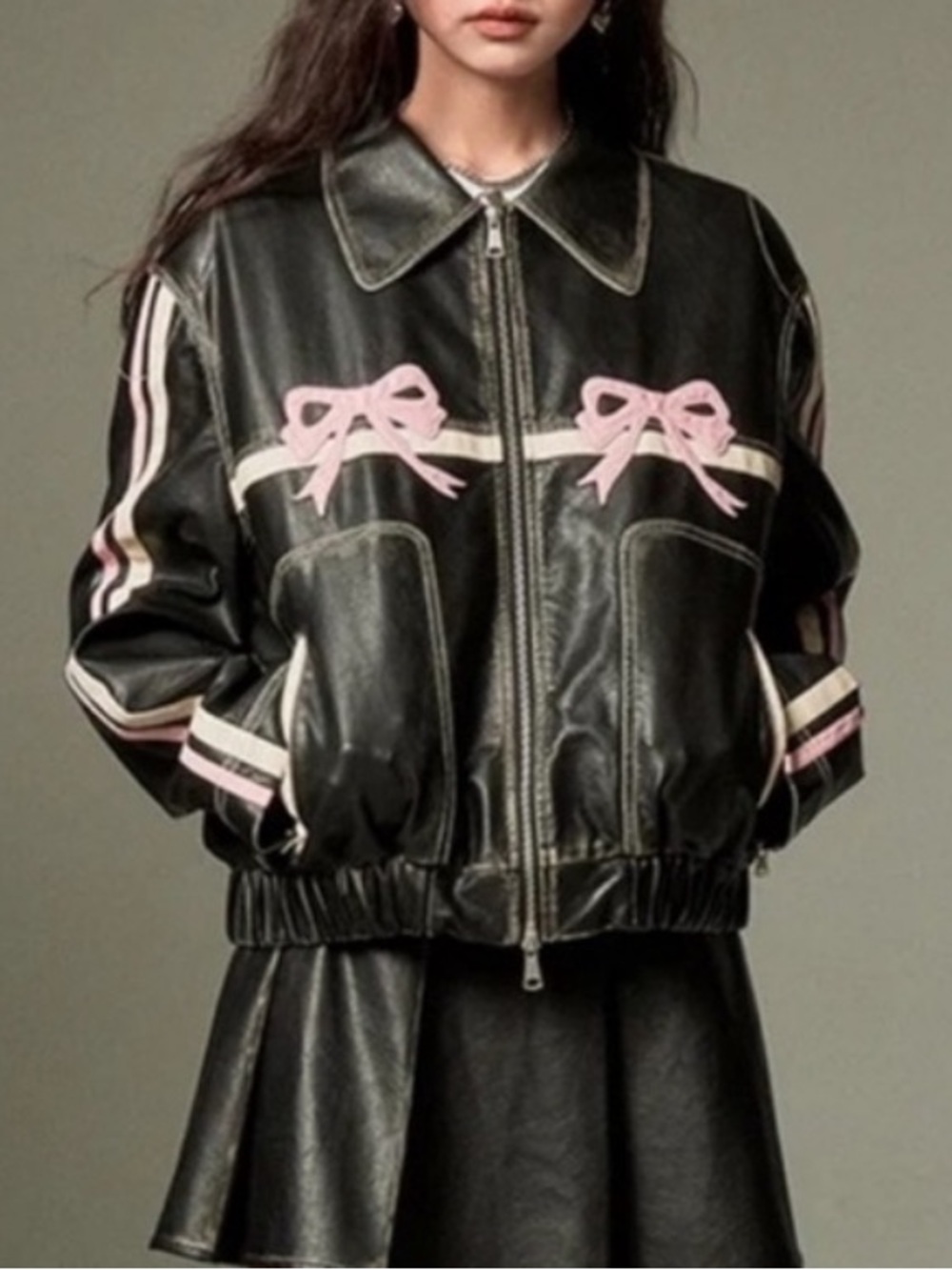 Black Faux Leather Bomber Jacket with Pink Bow Accents